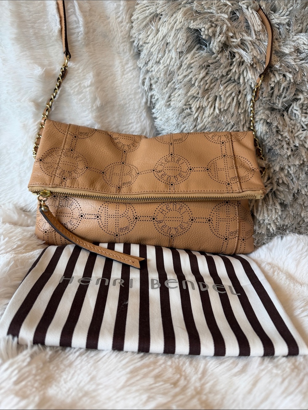 henri bendel tan leather perforated logo foldover crossbody